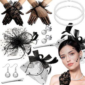 12 Pcs Tea Party Accessories Set Fascinators Gloves Necklaces Earrings for Women